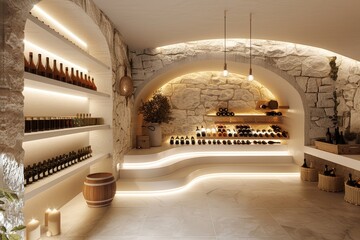 A sophisticated wine cellar with white shelving and soft lighting, displaying an extensive collection of fine wines. Interior background, house model
