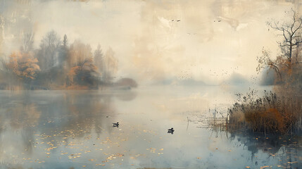 A painted lake shrouded in morning mist under the soft glow of dawn, accompanied by drifting ducks