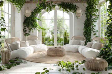 A tranquil garden room with white wicker furniture and lush greenery for peaceful retreat, peaceful and natural relaxation space. Interior design for modern house