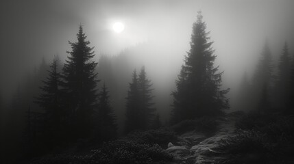 Fototapeta na wymiar A monochrome image of a foggy forest with sunlight filtering through the trees