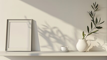 a blank picture frame resting on a shelf, accompanied by a vase of olive branches and a coffee cup, against a white wall bathed in natural light.