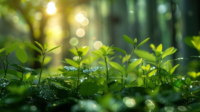 This enticing image showcases lush green foliage with fresh water droplets backlit by the sun, illustrating nature's tranquility and purity