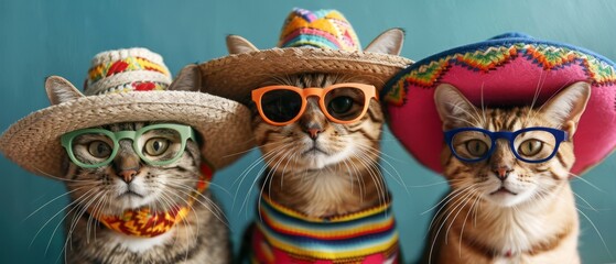 Festive mexican cat. Mexico independence. Cinco de mayo holiday. Mexican cat in sombrero. Cat in sombrero. Mexican fiesta set. Mexican sombrero. Horizontal banking poster background for advertisement