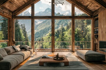 Modern chalet living room with expansive windows offering a breathtaking view of the mountainous landscape..