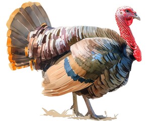 A serene portrayal of a turkey strutting on the farmyard, bold reds and blues on its neck, white background, vivid watercolor, 100 isolate - obrazy, fototapety, plakaty