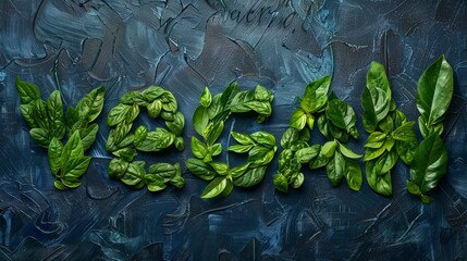 Lettering of English word Vegan made of green natural leaves.