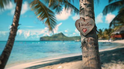 a beautiful beach, summer vibes, pina colada, palm tree, carved heart on trunk peaceful, island time , text 