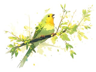 A simple scribble of a bird singing on a tree branch, vibrant greens and yellows, white background