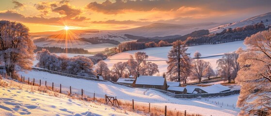 Snow covered hills at sunrise, golden light casting long shadows, frosty and tranquil highland scenery