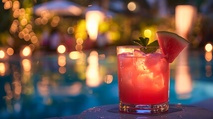 Refreshing watermelon cocktail by the poolside with ambient lighting