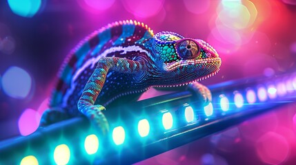 Chameleon on RGB led lights - obrazy, fototapety, plakaty