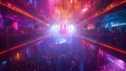 Fototapeta na wymiar Dynamic Beats: A Nightclub Alive with Rhythm & Neon Lights. Concept Nightclub Scene, Neon Lights, Groovy Tunes, Dancefloor Vibes, Electro Beat
