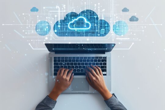 A person typing on a laptop with a cloud icon above it, against a white background with a blue and gray color scheme Generative AI