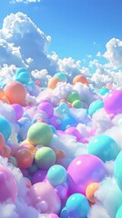 A dreamy sea of pastel-colored balloons floating amongst fluffy clouds evokes fantasy and playful imagination in the sky