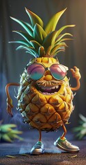 A cool pineapple character with sunglasses dancing, representing fun, summer, and freshness