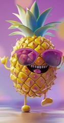 Smiling pineapple character donning sunglasses against a purple background, exuding a chill, summery vibe