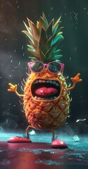 A vibrant 3D illustration of a pineapple character with glasses and shoes, dancing with joy amid sparkling particles