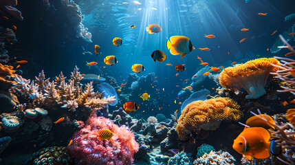 Vibrant Underwater Scene With Tropical Fish and Corals - obrazy, fototapety, plakaty