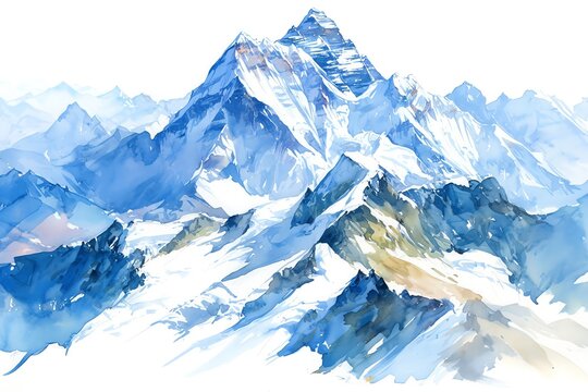 An expressive painting of the Himalayas at the border of Nepal and Tibet, snowcapped peaks under a crystalclear sky, icy blues and pristine whites, reflecting spiritual tranquility, white background,