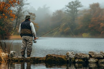 A fisherman in high boots and fishing clothes stands with a fishing rod by the river. There is dense vegetation along the coast