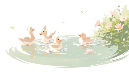 Obraz na płótnie Canvas Ducklings racing across a pond, splashing vibrant blues and greens, light watercolor,white background.