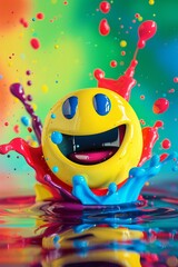 A super happy emoji surrounded by an explosion of colorful liquid splash, with a 3D effect