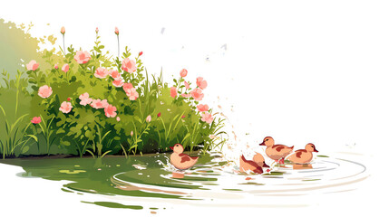 Ducklings racing across a pond, splashing vibrant blues and greens, light watercolor,white background.