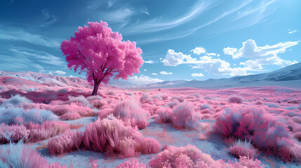 Serene Pink Flora Blanketing a Desert Landscape Under a Cloudy Sky
