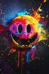 A dynamic, colorful explosion of paint splatters behind a smiling emoji, radiating energy and creativity