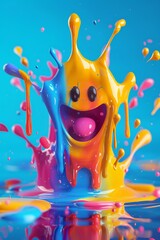 A 3D rendered emoji with a big smile, emerged in a whimsical splash of color, portrays joy