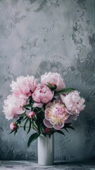 Pink peonies bouquet on gray backdrop Flowering plant from rose family