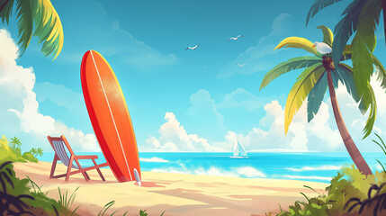Fototapeta na wymiar Sunny Beach Day with Surfboard and Deck Chair