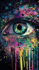 An artistic rendition of a human eye amidst vibrant splashes of paint conveys creativity and vision