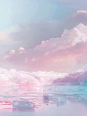 An ethereal landscape featuring a serene, icy lake under a vibrant sky with pink clouds and delicate light reflections