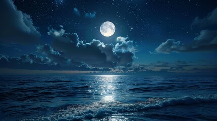 Serene night seascape with a full moon shining over calm ocean waters. Nature and tranquility concept with copy space