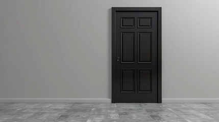 The image is of a black door in a white wall. The floor is made of gray tiles. The door is closed and there is no handle or doorknob visible.