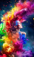 A surreal portrait of a woman with her silhouette twisted in rainbow-hued smoke symbolizing change and adaptability