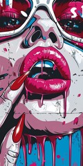 Edgy urban art piece depicting dripping lips and intense eyes using graffiti techniques and vibrant colors