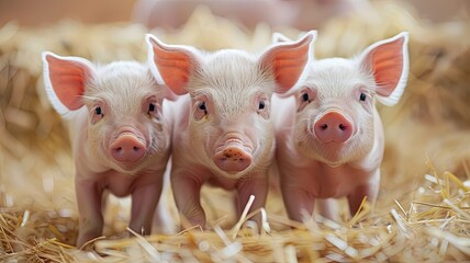 Three domestic pigs in a hay pile facing the camera