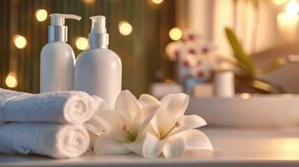 Obraz na płótnie Canvas Frosted glass cosmetic bottles with pump on bathroom counter with rolled towels and white flowers