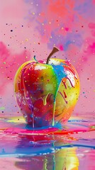 A crisp apple with glossy, paint splatters creating a lively and vibrant backdrop with pink hues