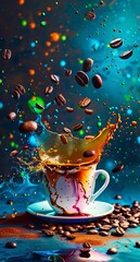 Dynamic image of coffee beans and splashing liquid around a colorful cup against a cool-toned backdrop