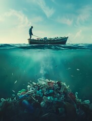 Fototapeta premium A solitary boat floating over a sea of plastic, representing the dire environmental concern of pollution in our oceans