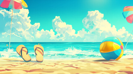 Fototapeta na wymiar Panoramic Tropical Beach Scene with Bright Flip-Flops and a Beach Ball