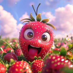 A vivid image of a giant strawberry with a plain space, amidst a field full of strawberries
