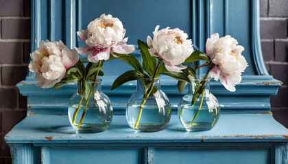 White peony flowers in individual clear glass vases above a pastel blue rustic sideboard.