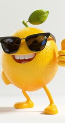 Half of a lemon character in sunglasses giving a thumbs up on a clean white background