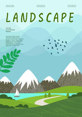 Nature and landscape. Vector illustration of mountains, Trees, plants, fields and farms. Editable work for cover or card designs.