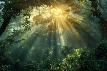 : Sunbeams filtering through a dense forest canopy creating a dappled sunrise.
