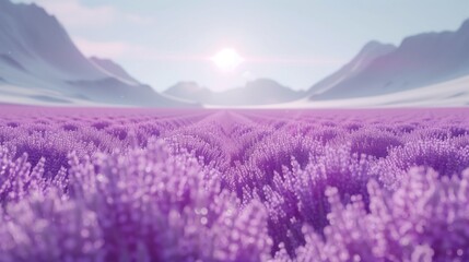 Purple flowers bloom amidst mountains under a violet sky